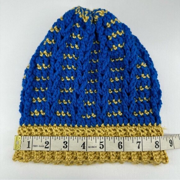 Handmade Unisex New Blue Gold Striped Winter Crochet Beanie - Adult S/M‎ - Picture 9 of 9